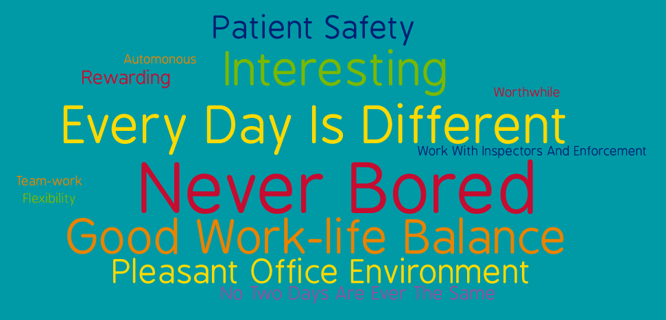 What the team says about working in DMRC: Interesting, automonous, rewarding, worthwhile, every day is different, work with inspectors and enforcement, never bored, team work, flexibility, good work-life balance, pleasant office environment, no two days are ever the same.