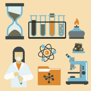 Lab worker alongside lab equipement including test tubes, bunsen burner, timer and microscope