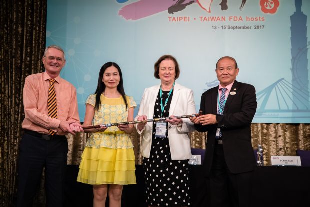 TFDA hand over the PIC/S walking stick to USFDA, the hosts of the 2018 Seminar, accompanied by current and future chairman