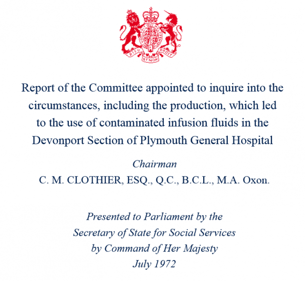 Title page of the Clothier Report, showing the report's title, chairman and date of presentation to Parliament