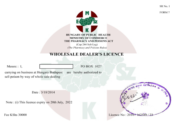 Example of falsified wholesale dealer licence 