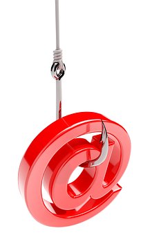 model of an @ symbol on the end of a fishing hook representing email scam