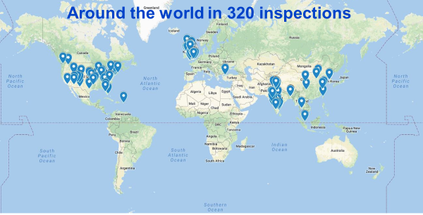 Around the world in 320 inspections: world map flagged to show GMP inspection sites: UK, North America, Asia