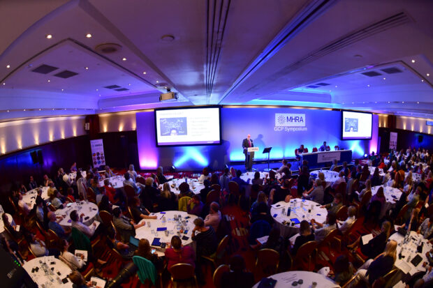 Aerial view of conference hall taken during a presentation at the 2018 MHRA GCP Symposium