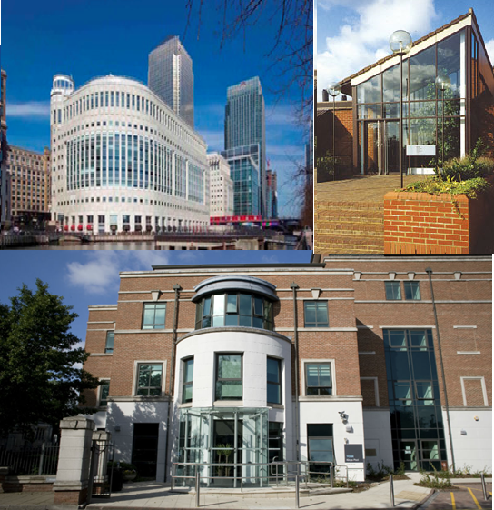 Clockwise from top left, MHRA offices at Canary Wharf, Potters Bar and York